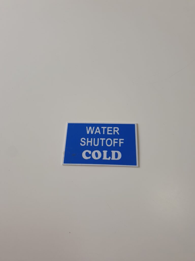 6cm x 9cm Blue on white Warning Information signage Easily affixable to surfaces Shut Off Valve signage for COLD WATER  Customized